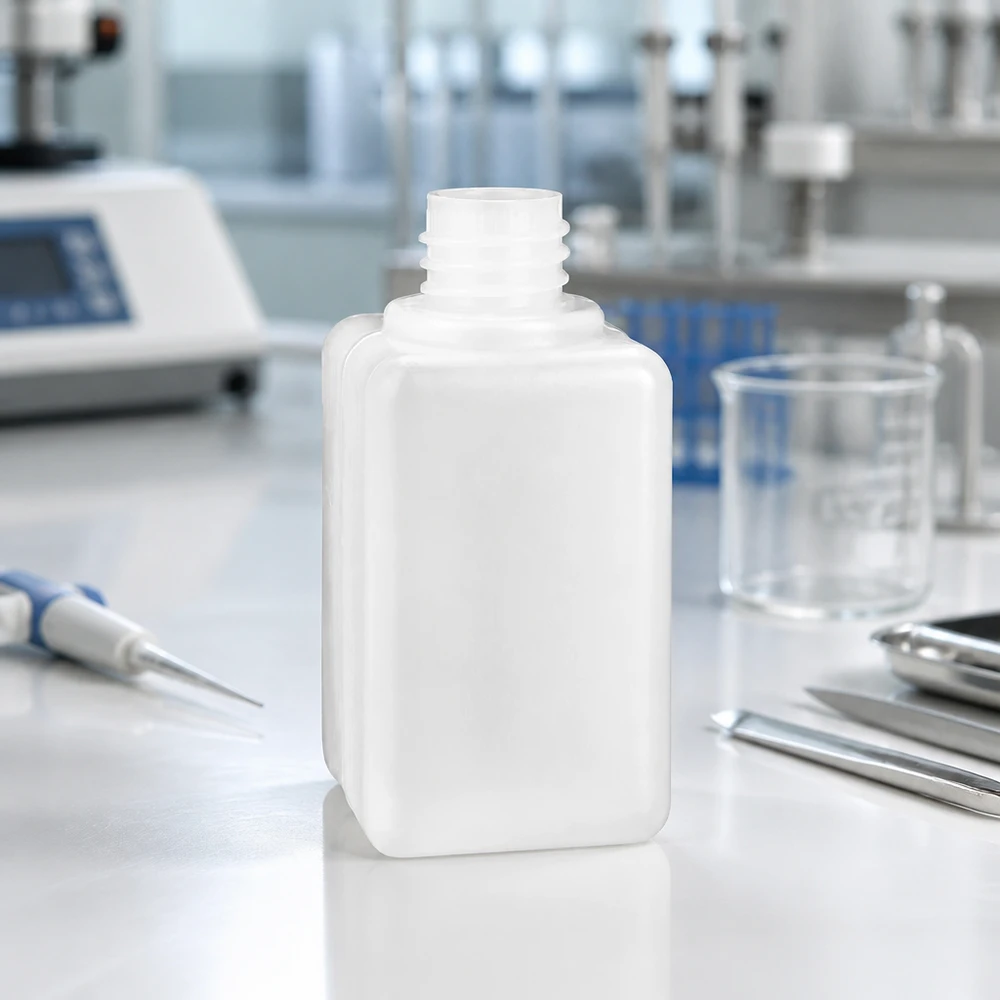 Butelka na chemikalia 50ml, wąska szyjka wykonana z PE-HD, kolor naturalny, GL 18 Prostokątna butelka na chemikalia z PE-HD o pojemności 50 ml z wąską szyjką GL 18 na białym blacie laboratoryjnym