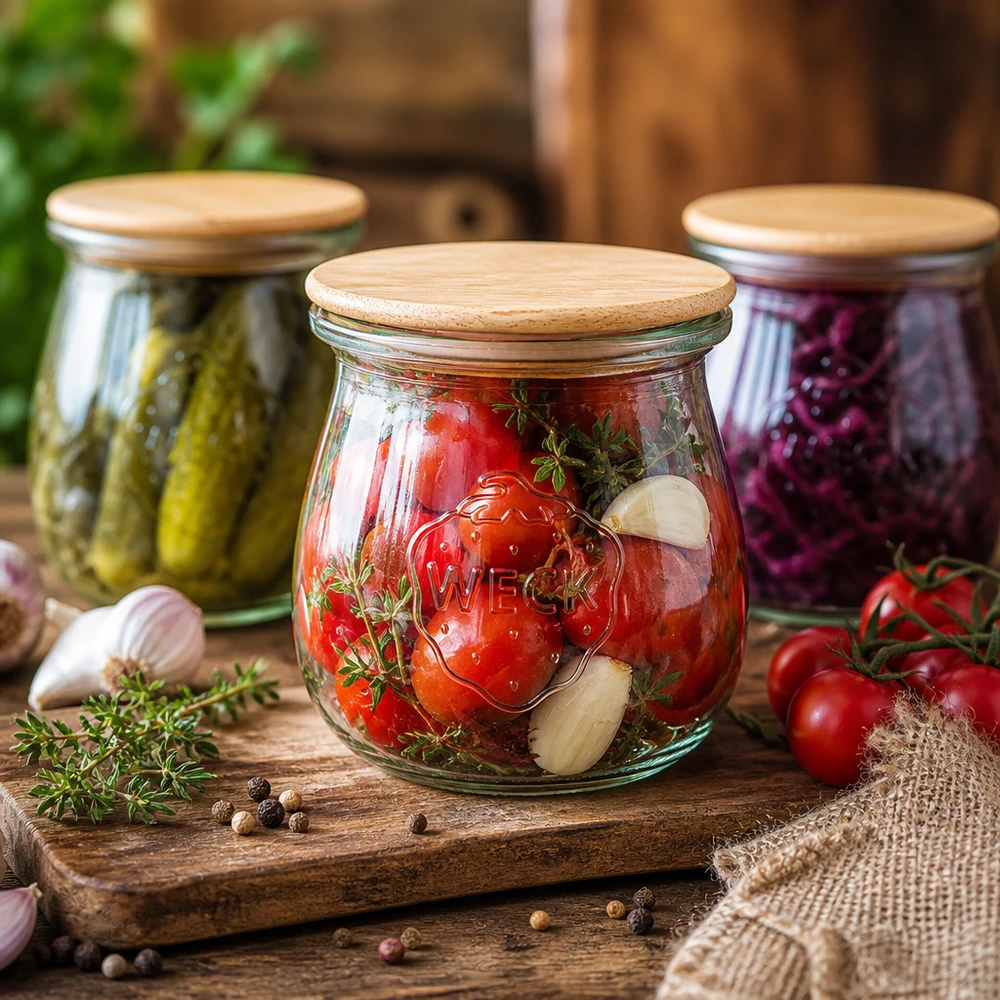 Słoik tulipanowy 75 ml WECK RR40 z drewnianą pokrywką WECK słoik tulipan RR40 75ml z drewnianą pokrywką do przechowywania kiszonych pomidorów, ogórków i buraków