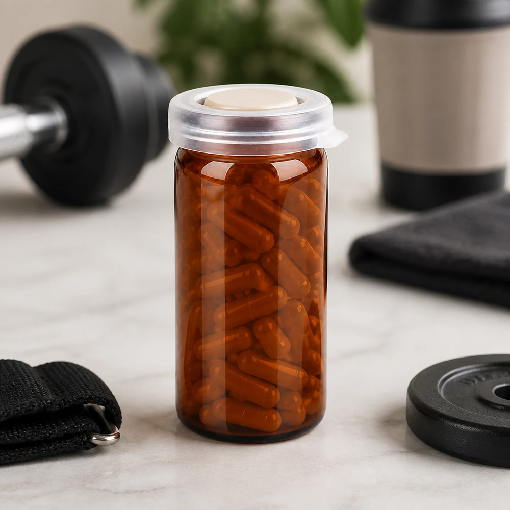Słoik na tabletki/rolki 10 ml brązowy z zatrzaskową pokrywką Brązowa butelka farmaceutyczna o pojemności 10 ml z zatrzaskową pokrywką i pomarańczowymi kapsułkami przed ławką do ćwiczeń z hantlami i sprzętem sportowym