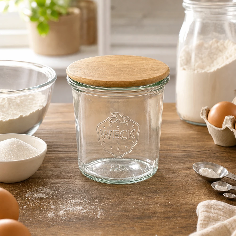 Kubki 140 ml WECK RR60 z drewnianą pokrywką Słoik WECK 140ml RR60 z drewnianą pokrywką do przechowywania mąki, jajek i składników do pieczenia w kuchni.