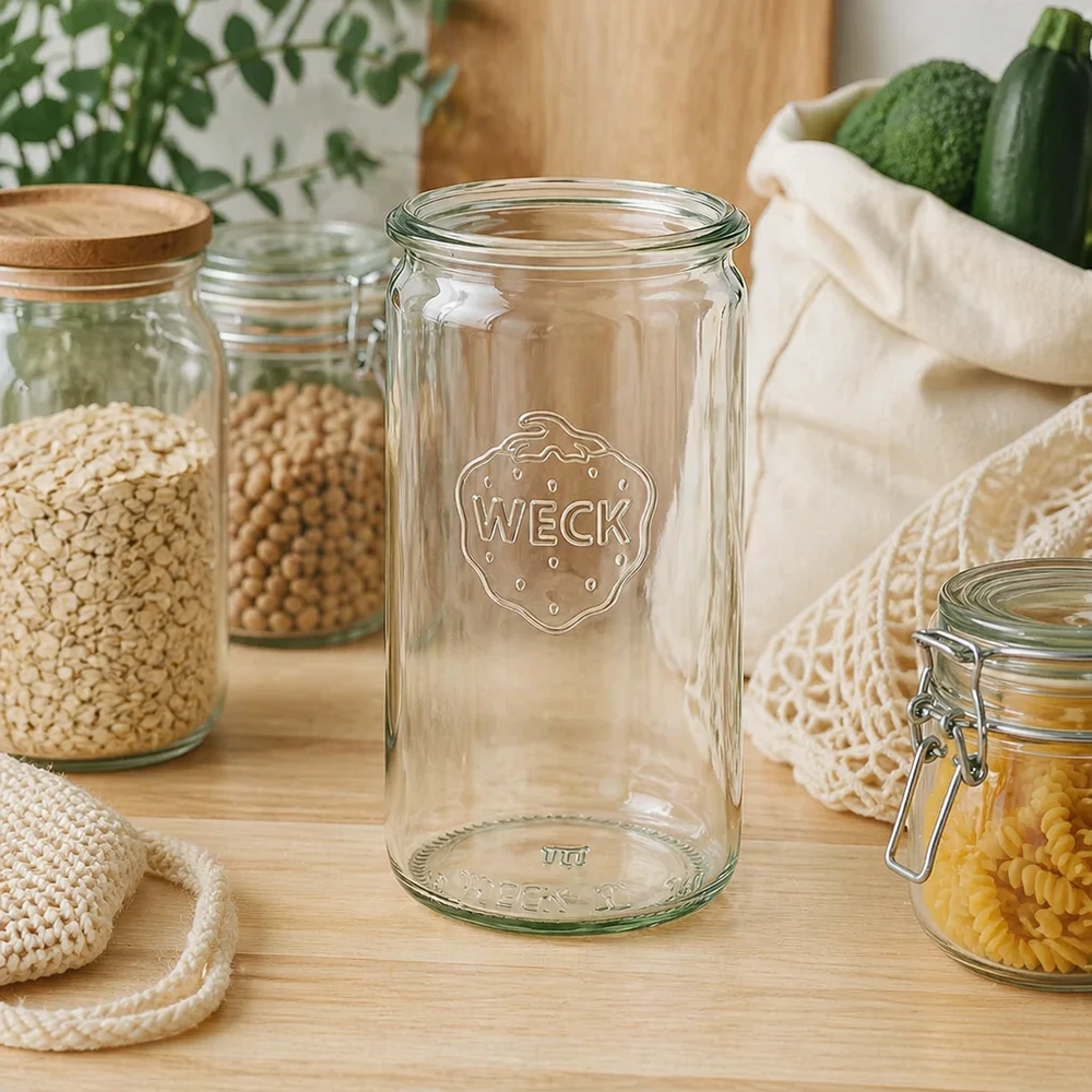 Szklany słoik cylindryczny WECK RR60 o pojemności 340 ml Słoik WECK 340ml RR60 w zrównoważonej kuchni zero waste ze słoikami do przechowywania i bawełnianymi torbami