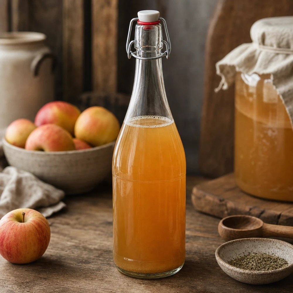 750ml szklana butelka z huśtawką wypełniona sokiem jabłkowym rustykalna kuchnia owoce drewniany stół naturalnie domowej roboty