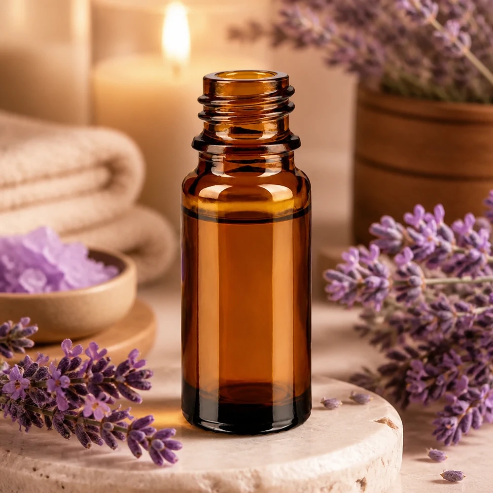 10 ml brązowa butelka ApoGlas z lawendą i akcesoriami wellness w relaksującej scenerii spa