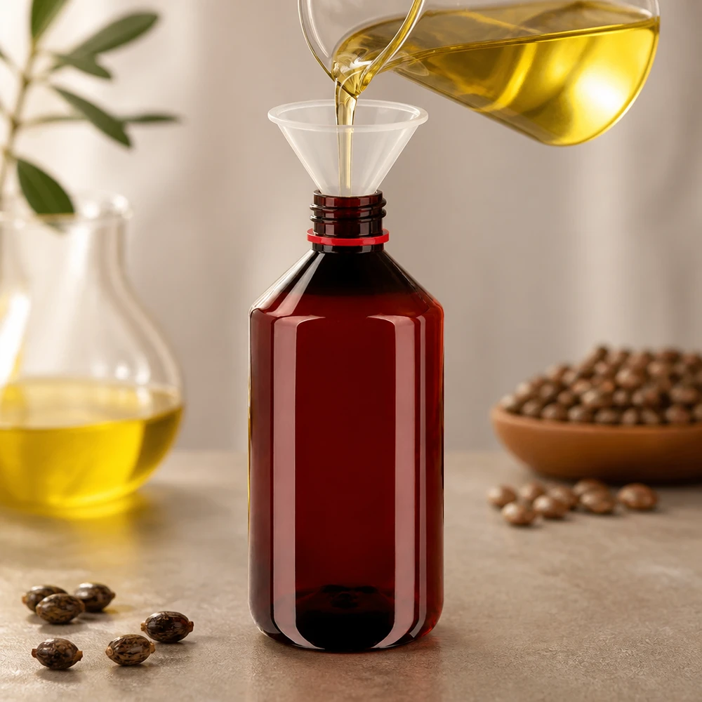 Butelka PET 750 ml z białą/czerwoną nakrętką OV Butelka PET o pojemności 750 ml w kolorze bursztynowym z oryginalnym czerwonym zamknięciem podczas napełniania żółtym olejem za pomocą lejka