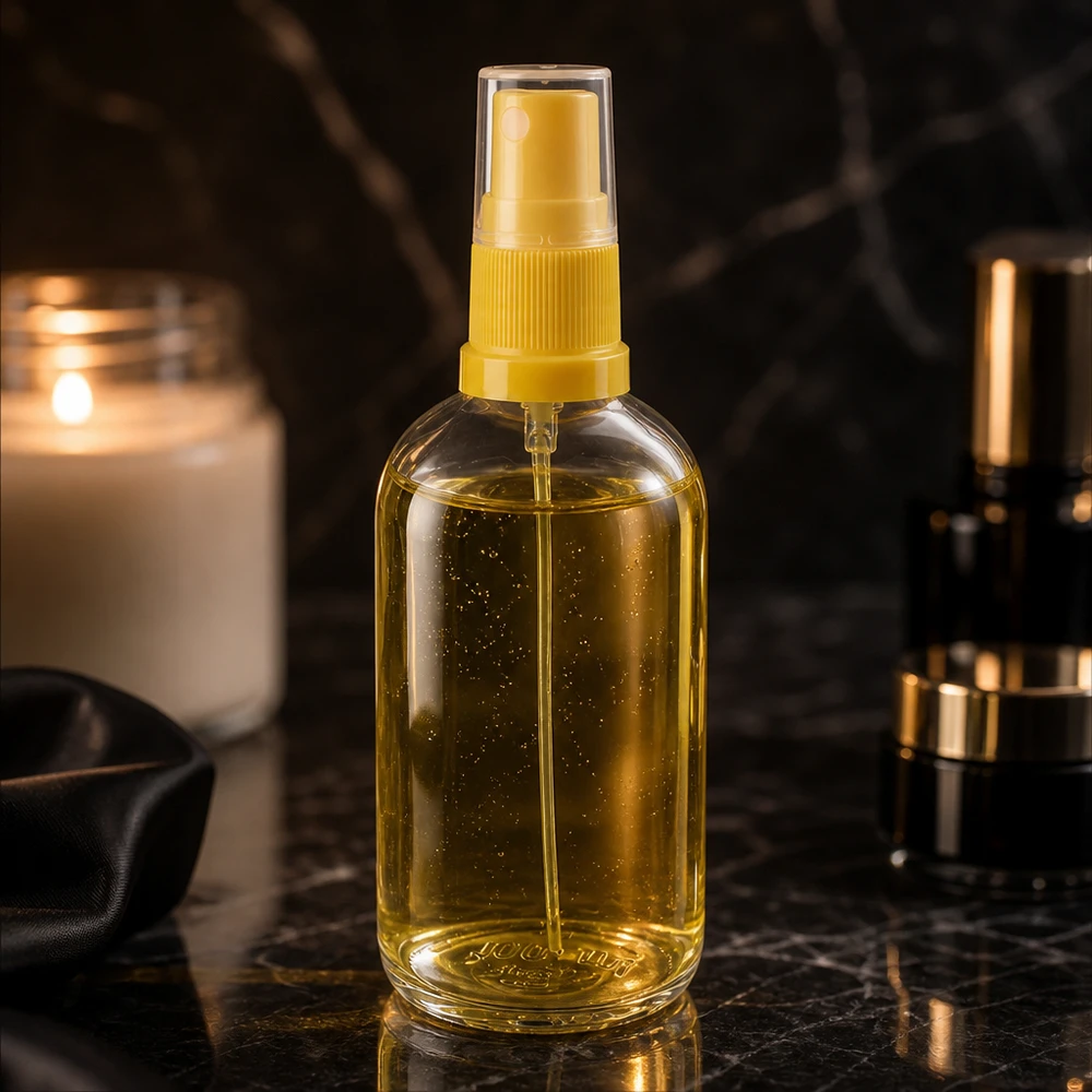 100 ml butelka ze spryskiwaczem żółta/przezroczysta STD ClearLine UT18/100 Okrągła butelka ClearLine UT18 o pojemności 100 ml z żółtą głowicą rozpylającą na czarnym marmurze
