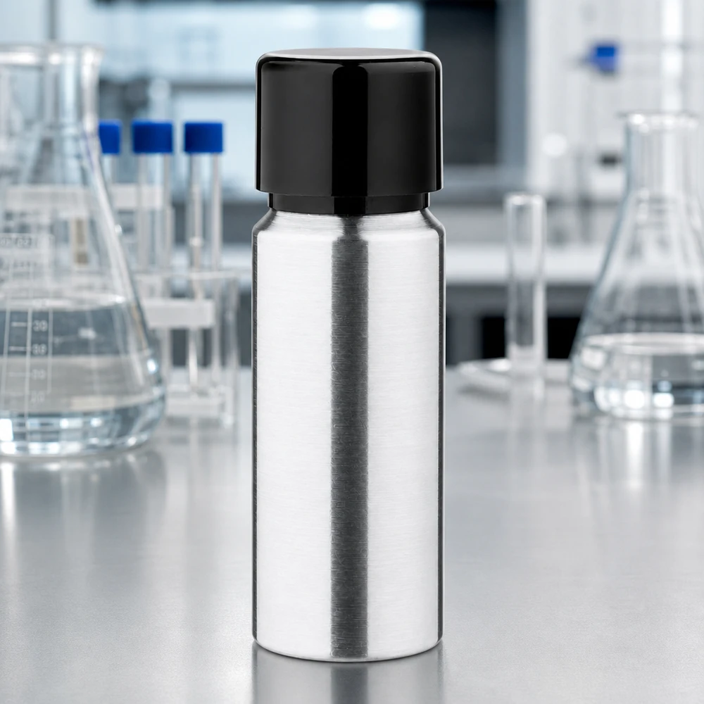 Elegancka aluminiowa butelka o pojemności 20 ml z błyszczącą metalową powierzchnią i czarną zakrętką do produktów premium