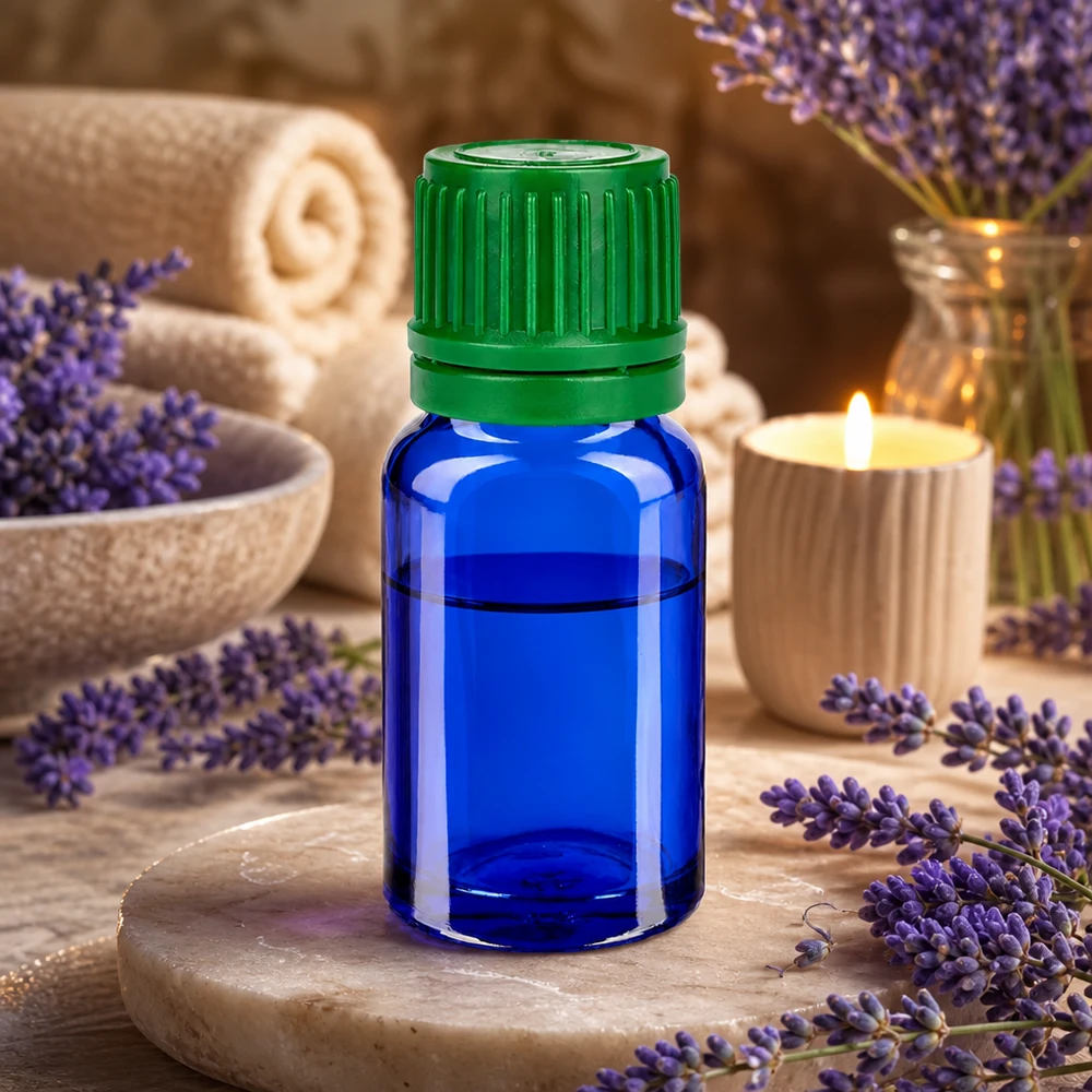 Butelka 10 ml 11 mm SV zielony OV BlueLine UT18/10 Szklana butelka o pojemności 10 ml w kolorze kobaltowego błękitu z zieloną zakrętką zabezpieczającą przed dziećmi.