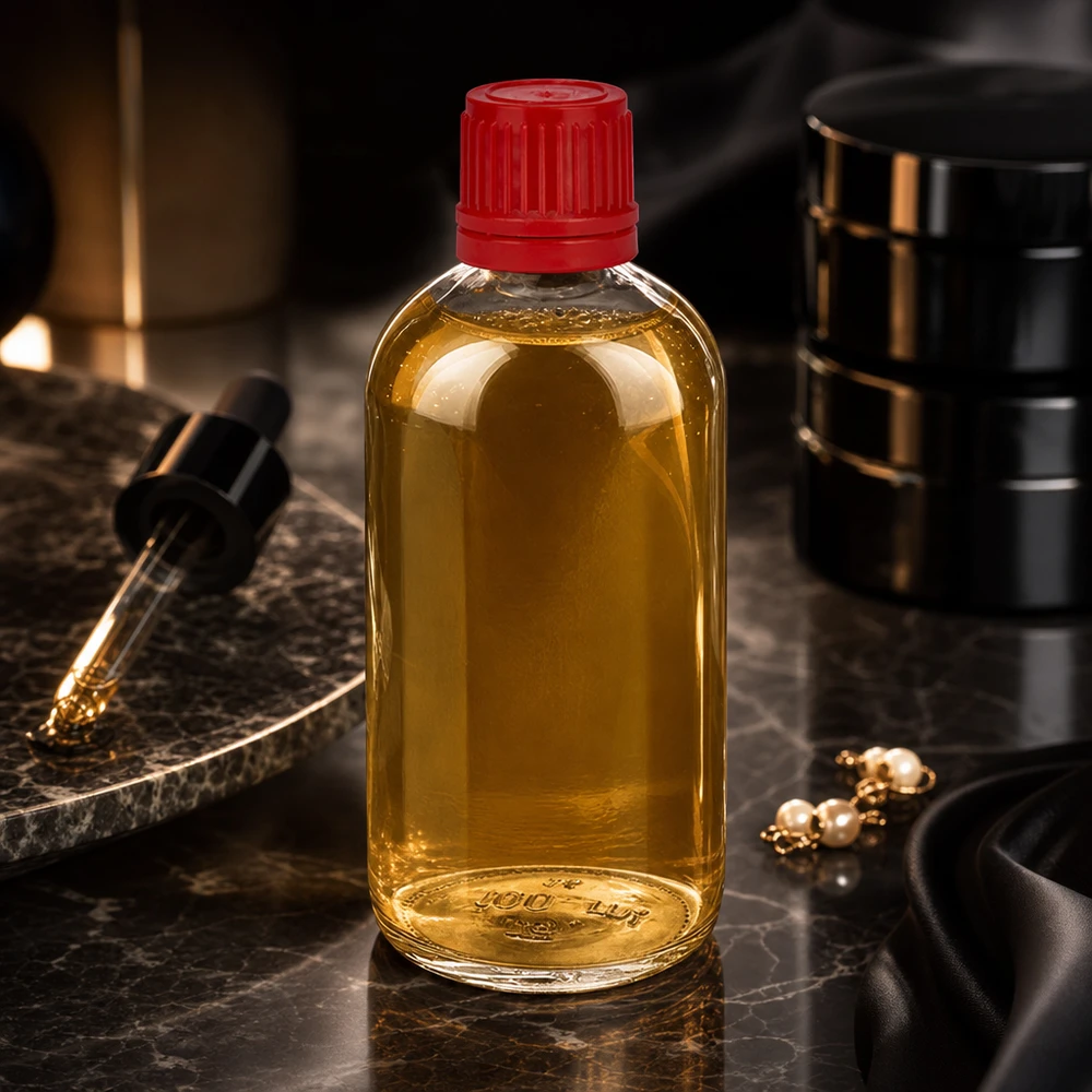 Butelka 100 ml 11 mm SV czerwony OV ClearLine UT18/100 Butelka ClearLine o pojemności 100 ml ze złotym nadrukiem „olej roślinny”, czerwonym znakiem SV i zamknięciem zabezpieczającym na tle marmuru