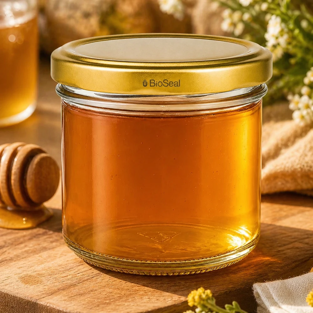 Kubki UNiTWIST 125ml wypełnione miodem - złota pokrywka TO66 BioSeal na drewnianej desce z łyżeczką do miodu