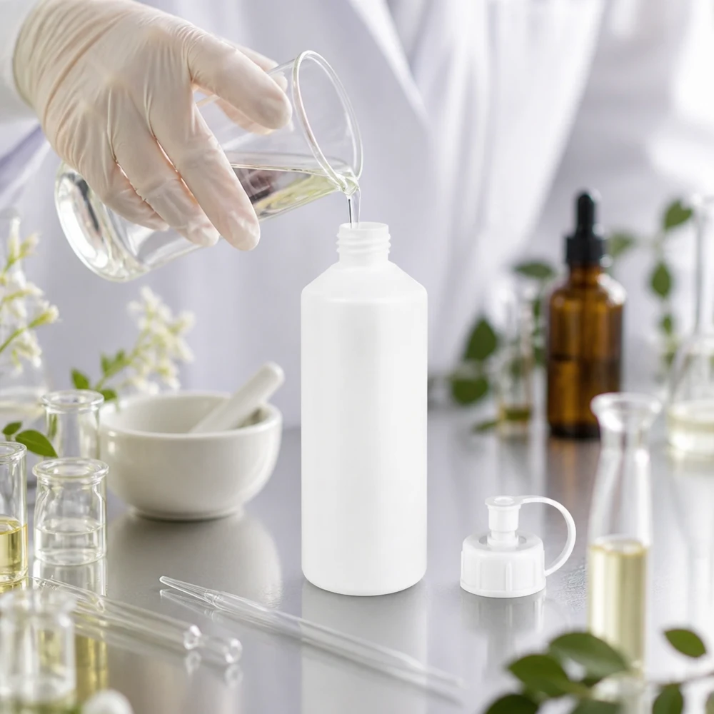 Laborant napełnia białą aptekarską butelkę z HDPE o pojemności 100 ml za pomocą pipety i zlewki