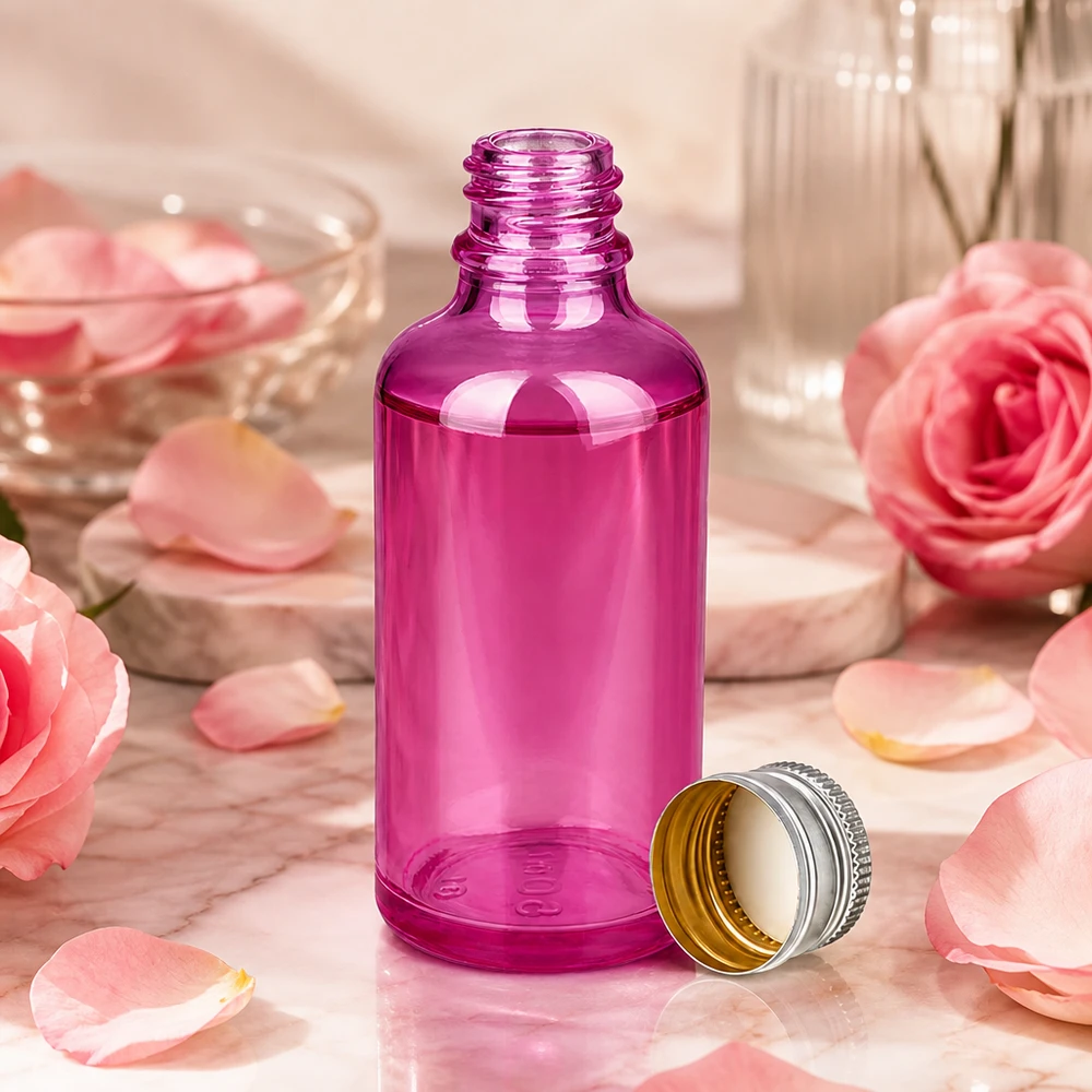 Fioletowa szklana butelka 50 ml ze srebrną zakrętką - idealna do kosmetyków DIY i kosmetyków naturalnych