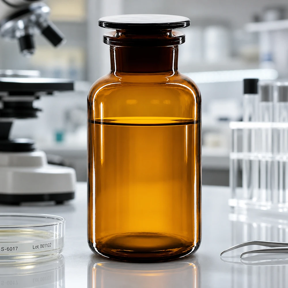 Klasyczna butelka z szeroką szyjką o pojemności 500 ml, wykonana z brązowego szkła, z szlifowanym korkiem szklanym, przeznaczona do odczynników