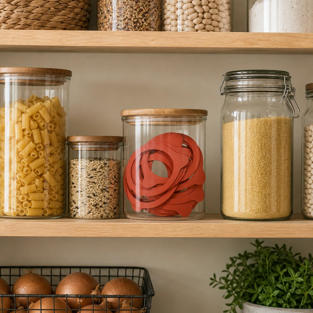 Pierścień wrzący z kauczuku naturalnego RR100 Rote Einkochringe RR100 in Vorratsglas mit Holzdeckel zwischen Küchen-Vorräten auf modernen Holzregalen
