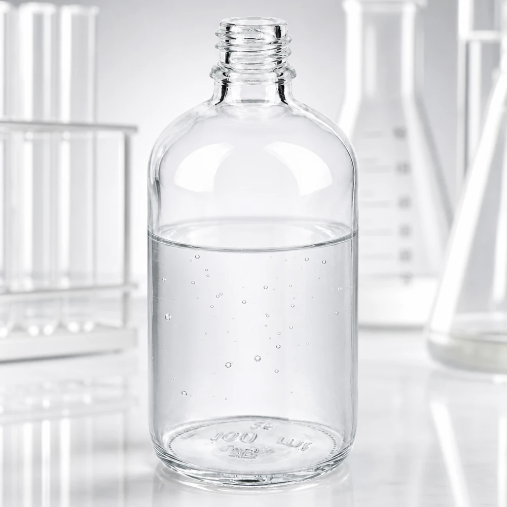 Butelka z przezroczystego szkła 100ml DIN 18 Przezroczysta butelka farmaceutyczna ApoGlas o pojemności 100 ml z szerokim otworem ułatwiającym napełnianie i czyszczenie.