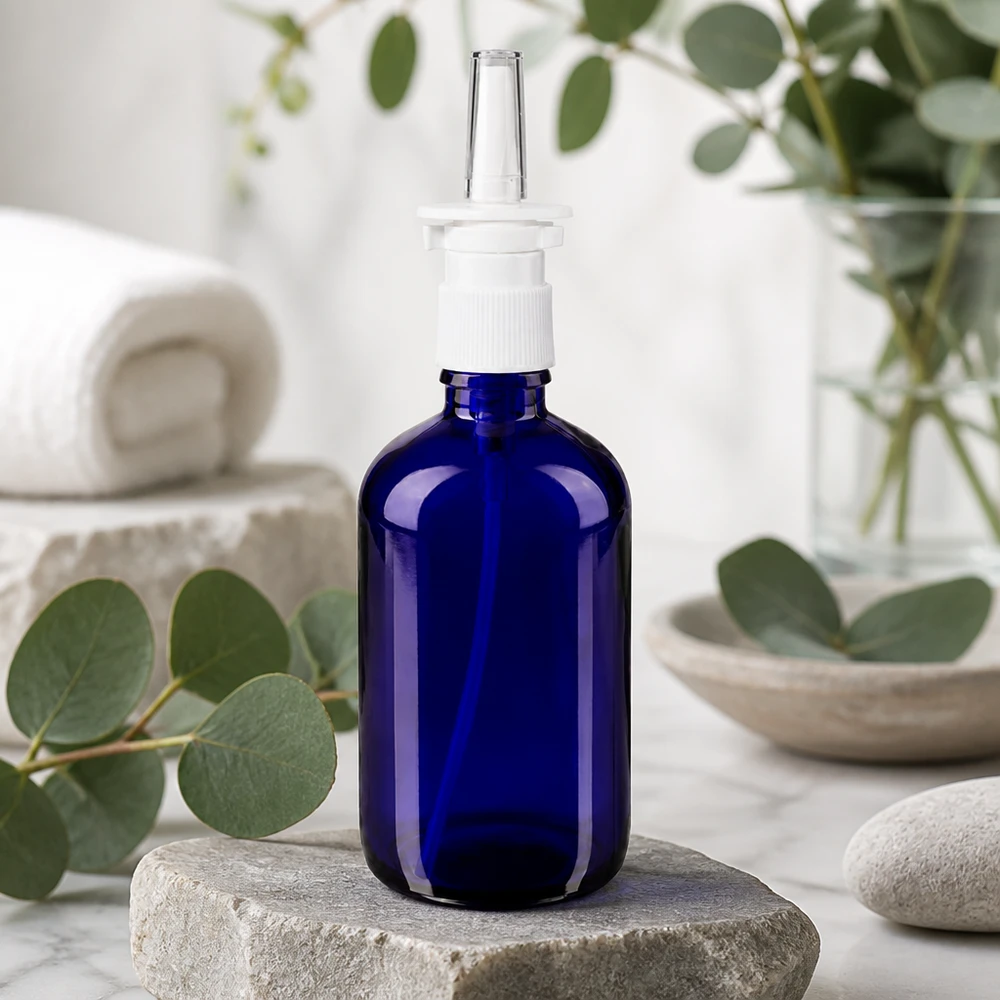 Butelka apteczna niebieska 100ml atomizer do nosa biały St Niebieska szklana buteleczka apteczna o pojemności 100 ml z nasadką do aerozolu do nosa, stojąca na kamieniu naturalnym przed drzewem eukaliptusowym
