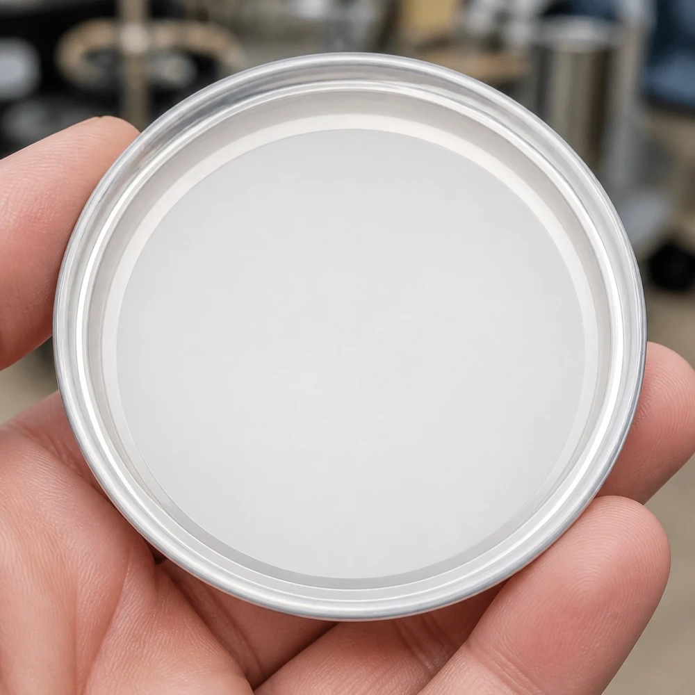 Pojedyncza biała metalowa pokrywka TO63 BasicSeal o średnicy 63 mm, sfotografowana od góry – UNiTWIST