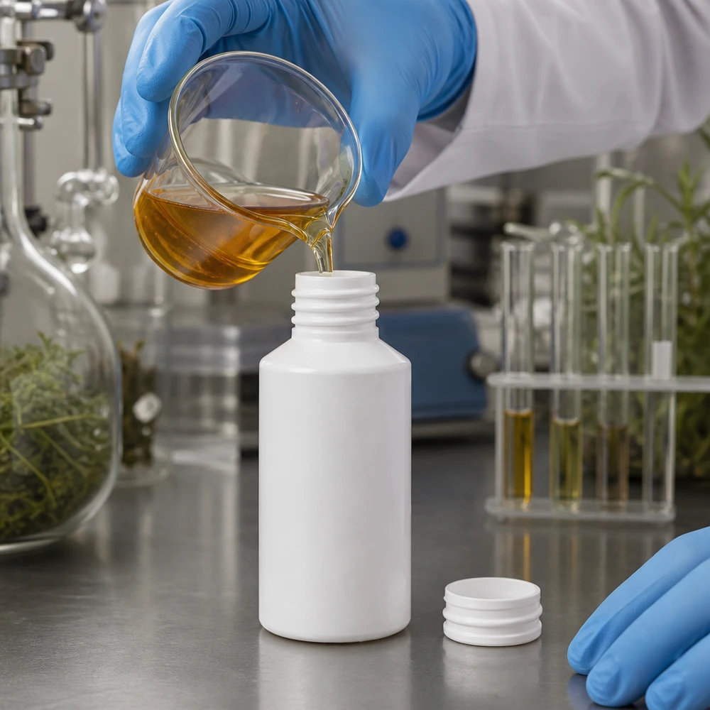 Biała butelka z HDPE o pojemności 50 ml bez nakrętki jest napełniana w laboratorium ekstraktem roślinnym w kolorze złotym