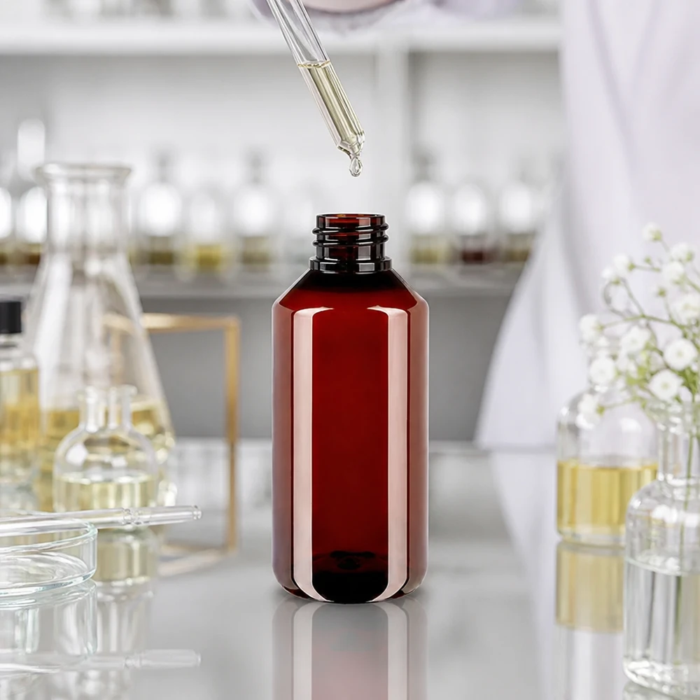 Butelka PET 1000ml z białą nakrętką OV + kubek. Befüllbare PET Flasche 1L brauntransparent mit Zubehör für pharmazeutische Anwendungen