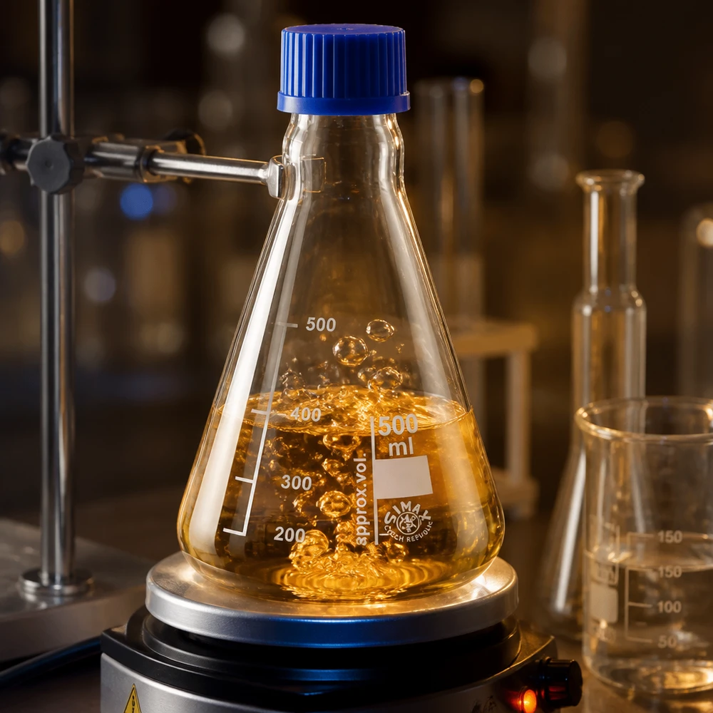 Profesjonalna kolba Erlenmeyera 500 ml z niebieskim korkiem na płycie grzejnej w laboratorium