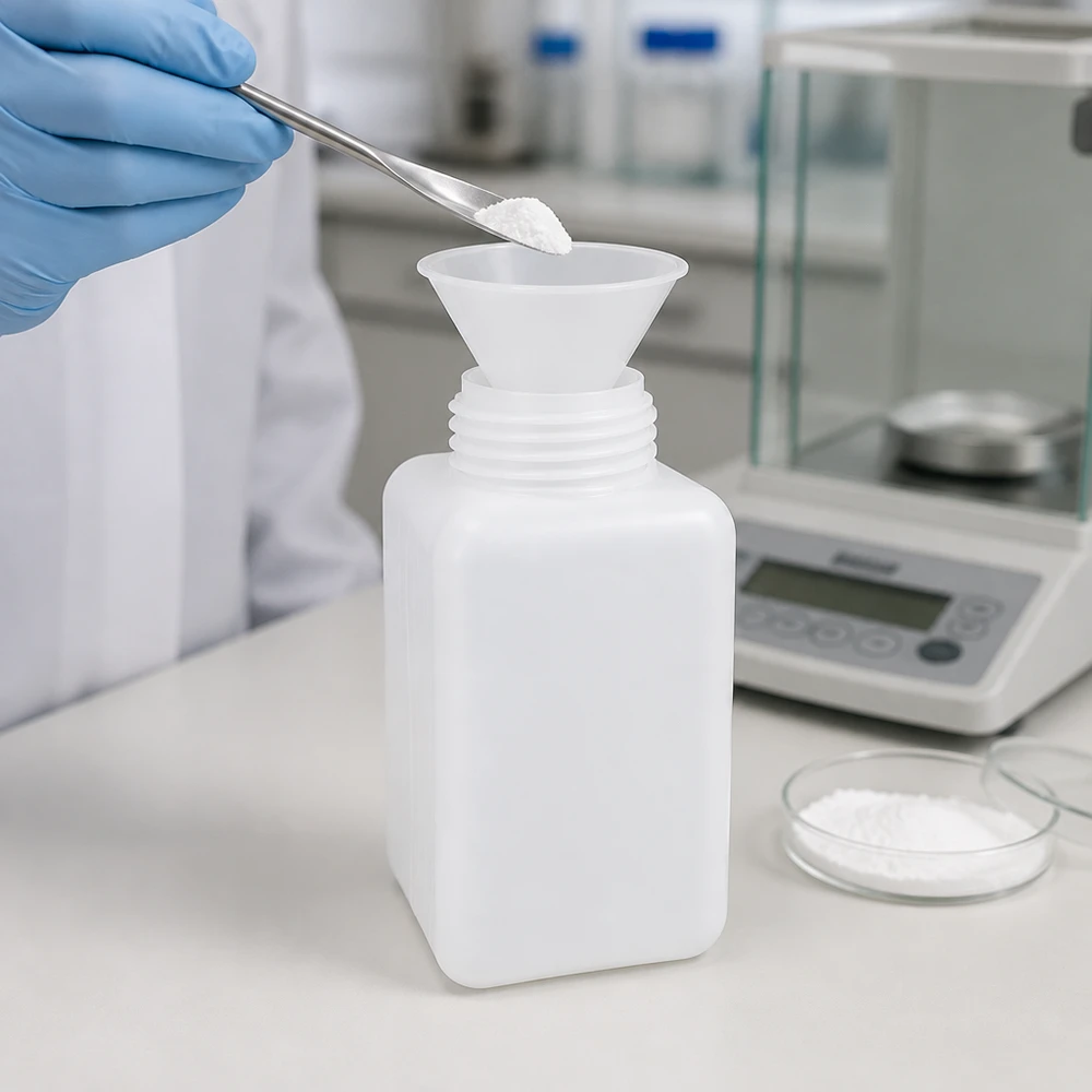 Butelka na chemikalia 1000ml, szeroka szyjka wykonana z PE-HD, kolor naturalny, GL 65 Laborant wsypuje biały proszek przez lejek do butelki na chemikalia o pojemności 1000 ml z szeroką szyjką, wykonanej z PE-HD