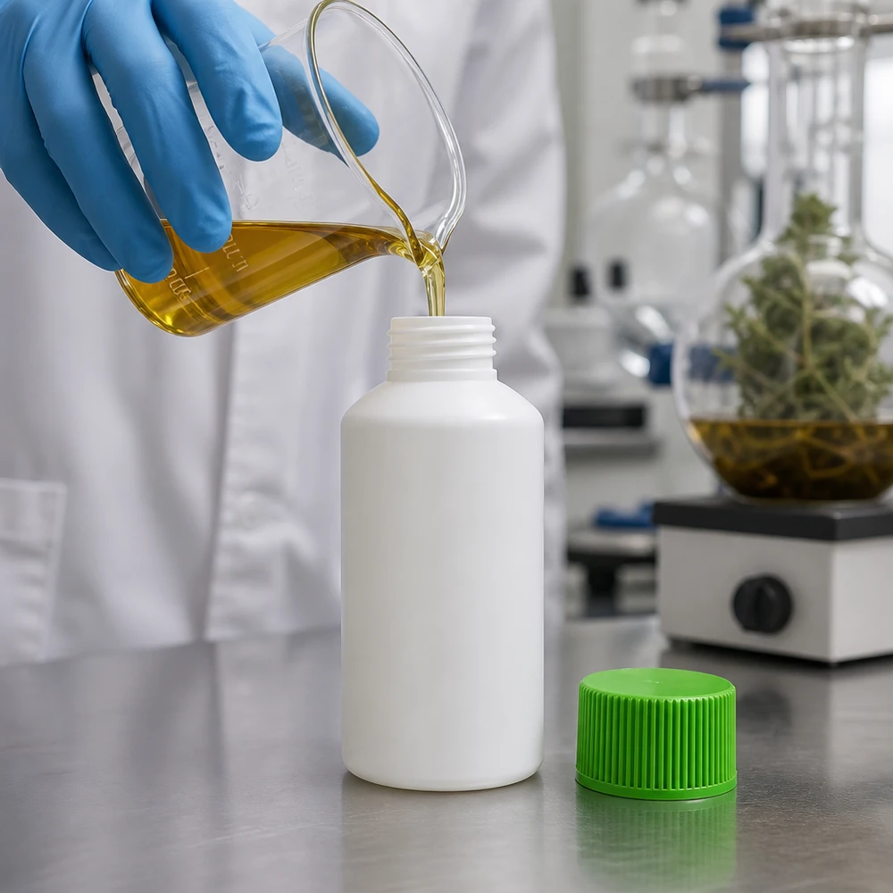 Mała buteleczka laboratoryjna 50 ml z HDPE, biała, z zielonym zamknięciem zabezpieczającym przed dziećmi