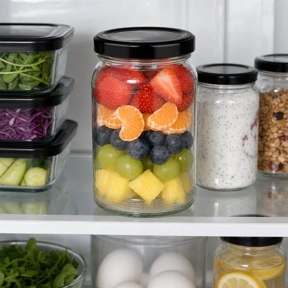 UNiTWIST Runda110 z pokrywką czarną TO48 BasicSeal UNiTWIST Rundglas 110ml mit geschichtetem Obstsalat im Kühlschrank neben Vorratsgläsern mit schwarzem TO48 Deckel