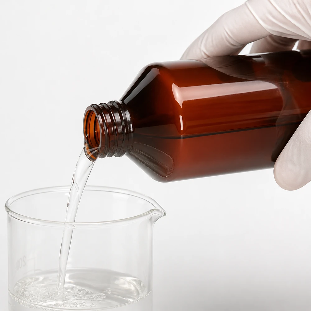 Butelka PET 500ml z brązową nakrętką OV Dosierung klarer Flüssigkeit aus brauner lichtundurchlässiger 500ml PET Flasche mit OV-Verschluss