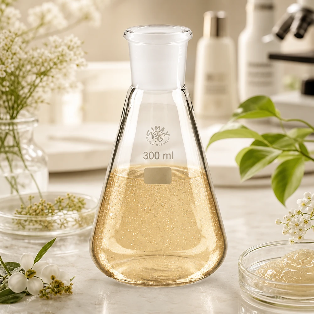 Kolba Erlenmeyera 300 ml ze standardowym szlifowanym złączem (29/32) Kolba Erlenmeyera 300 ml ze standardowym szlifowanym złączem 29/32 i złotożółtym roztworem do eksperymentów naukowych