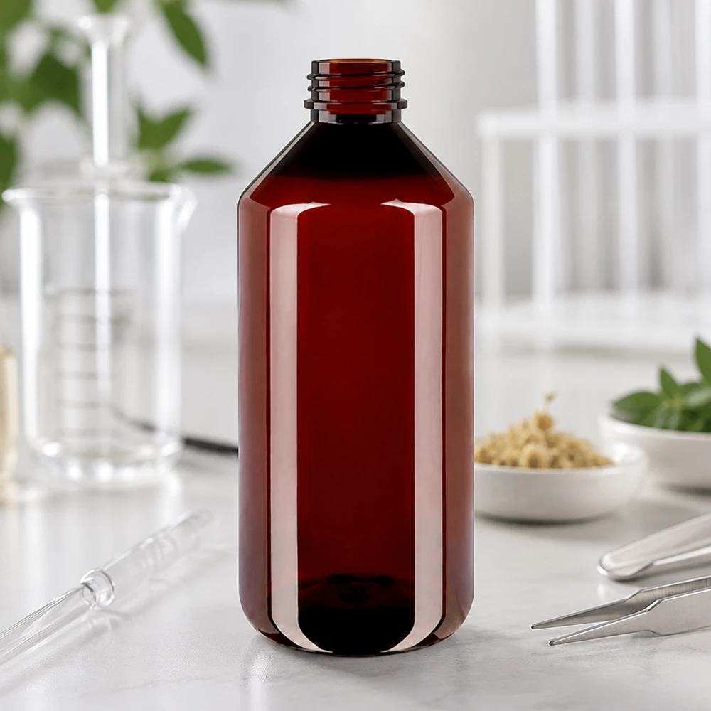 Butelka PET 1000 ml z białą/czerwoną nakrętką OV Pusta brązowa butelka PET o pojemności 1000 ml z gwintem, bez nakrętki, na białym tle
