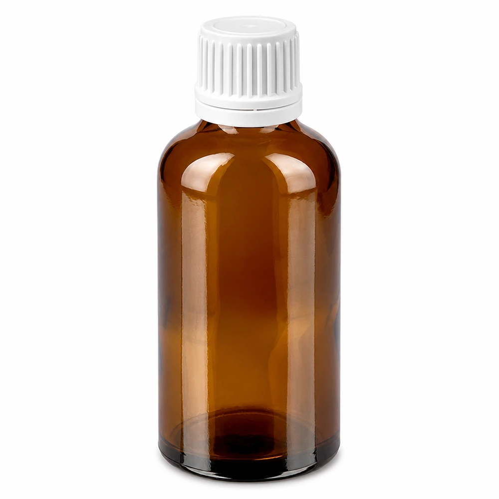Butelka 50 ml 11 mm SV biała OV BrownLine UT18/50 Butelka z bursztynowego szkła o pojemności 50 ml z białą zakrętką na leki i kosmetyki