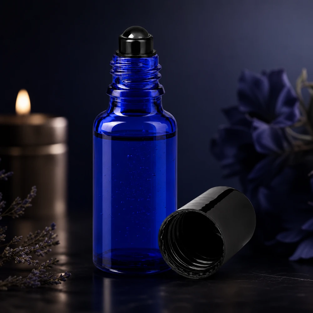Butelka apteczna niebieska 20ml zakrętka roll-on czarna Mała, niebieska buteleczka apteczna o pojemności 20 ml z aplikatorem kulkowym i zdejmowaną czarną nakrętką