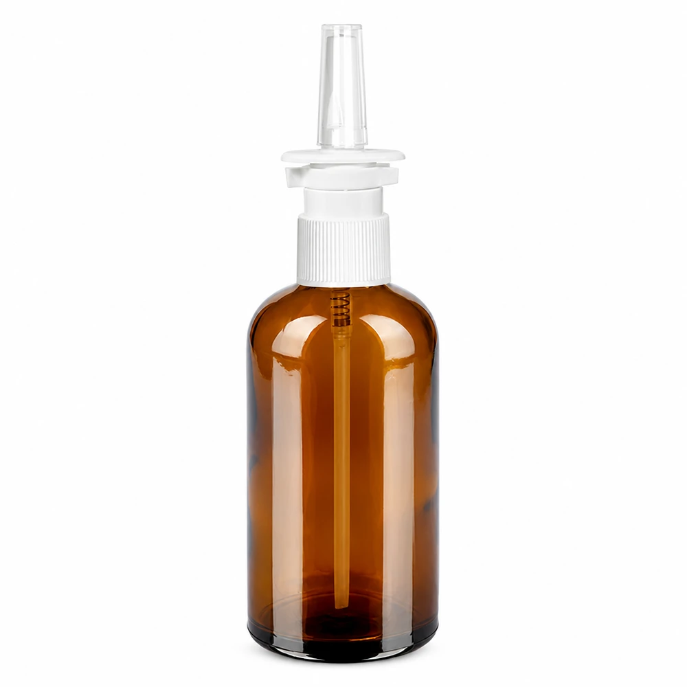 100 ml butelka z rozpylaczem do nosa w kolorze brązowym z przezroczystą głowicą rozpylającą do zastosowań medycznych