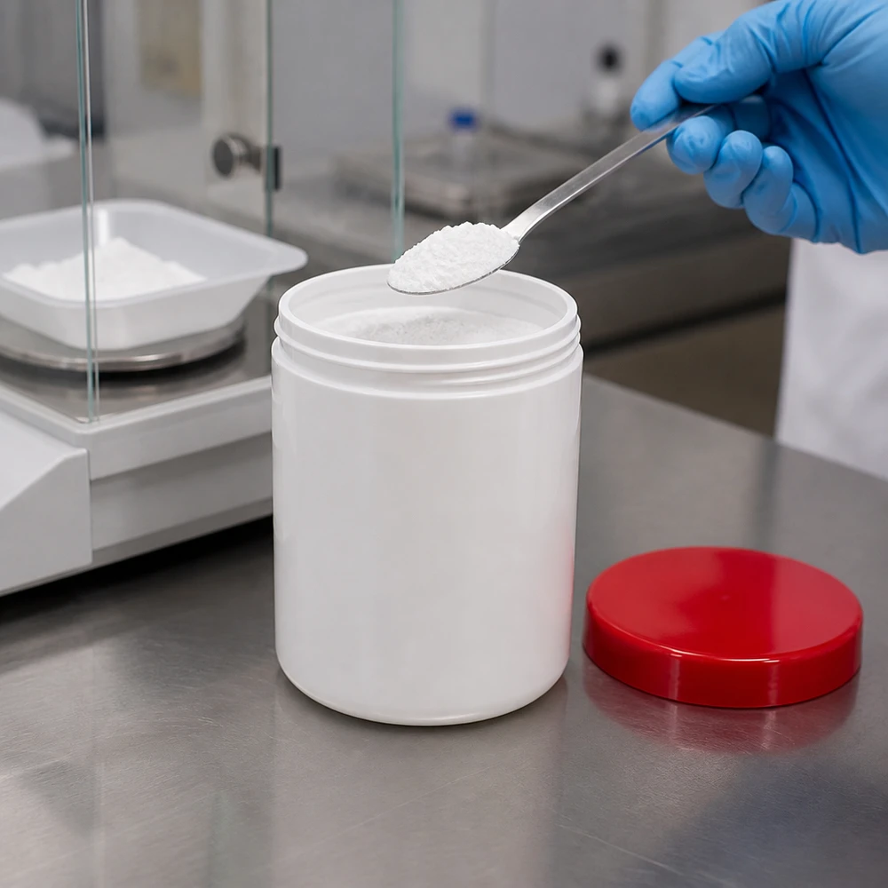 Biały plastikowy słoik z PP o pojemności 75 g z czerwoną zakrętką do napełniania preparatów farmaceutycznych