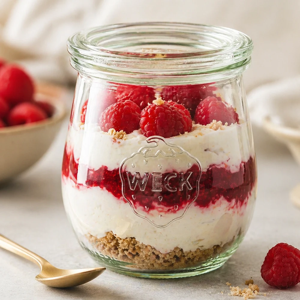Słoik w kształcie tulipana o pojemności 220 ml z szklaną pokrywką WECK RR60 WECK tulipan słoik 220ml RR60 jako słoik deserowy wypełniony malinami i śmietaną obok złotej łyżeczki na marmurowym stole