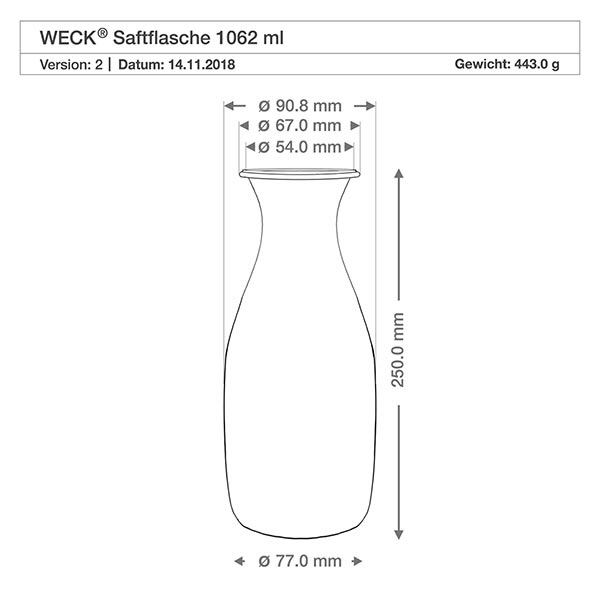 Butelka na sok 1062ml WECK RR60 z korkiem naturalna Rysunek techniczny butelki na sok WECK 1062ml RR60 z wymiarami i specyfikacją szklanej butelki