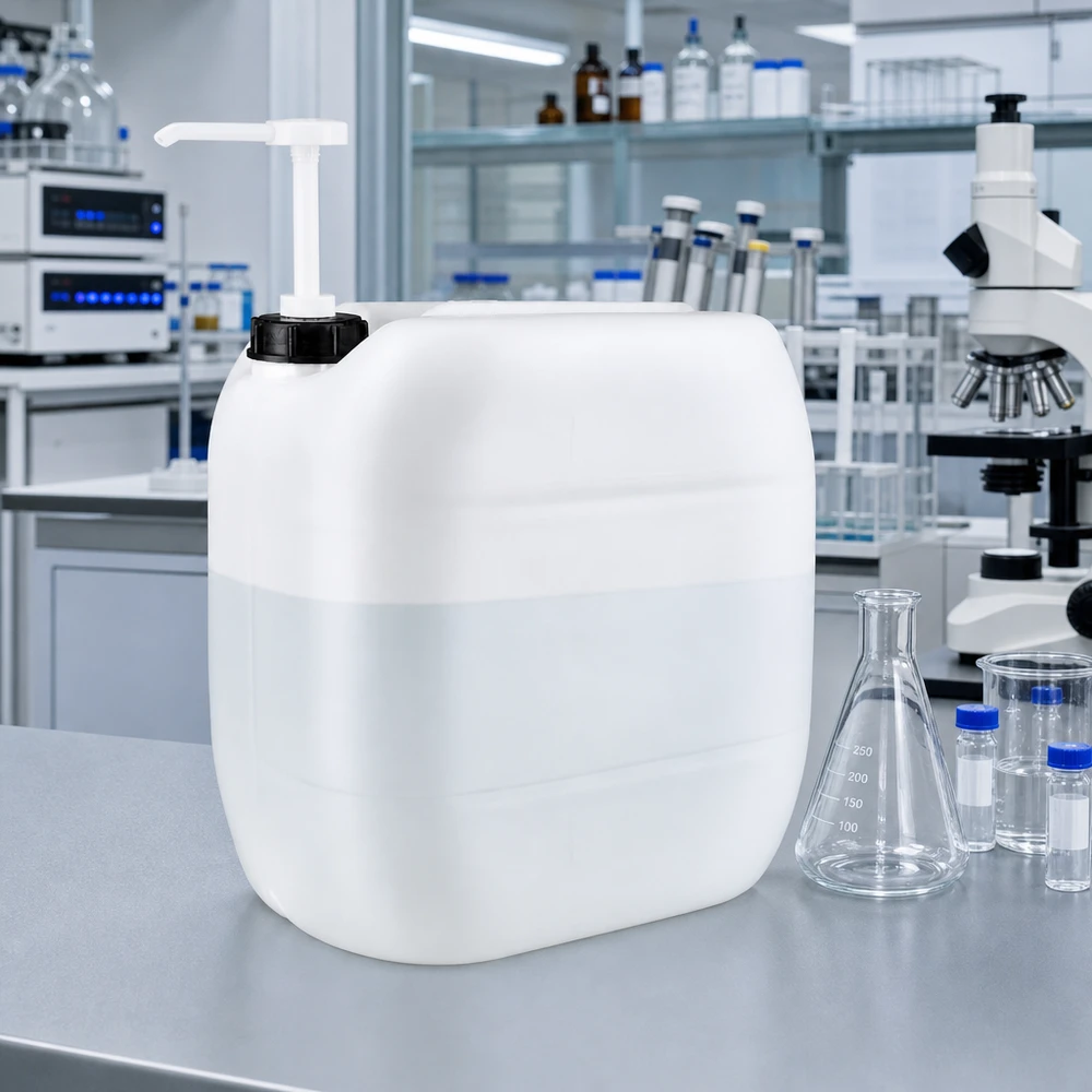 Prostokątny kanister z HDPE o pojemności 30 litrów z pompą dozującą w nowoczesnym laboratorium