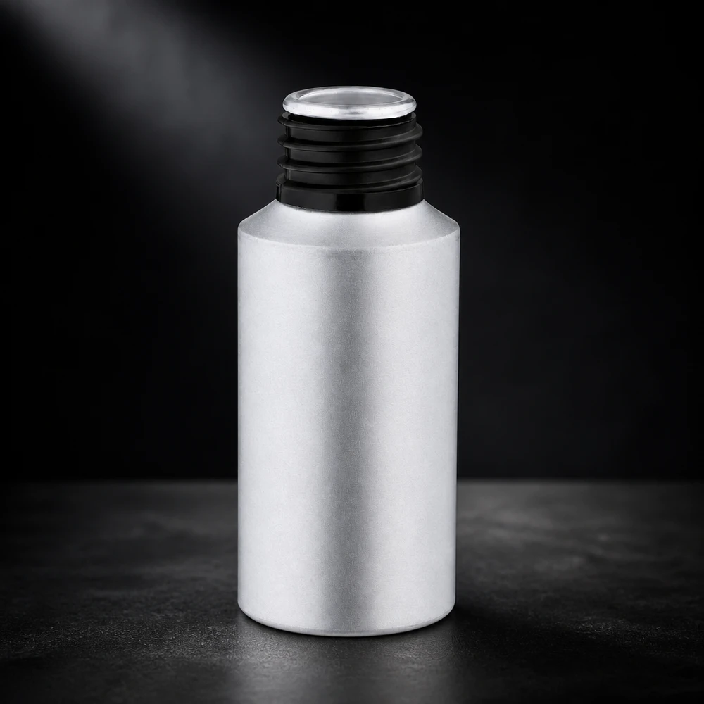 Butelka z barwionego aluminium o pojemności 30 ml Cylindryczna aluminiowa butelka o pojemności 30 ml i eleganckim wyglądzie przeznaczona do produktów kosmetycznych i serum klasy premium.