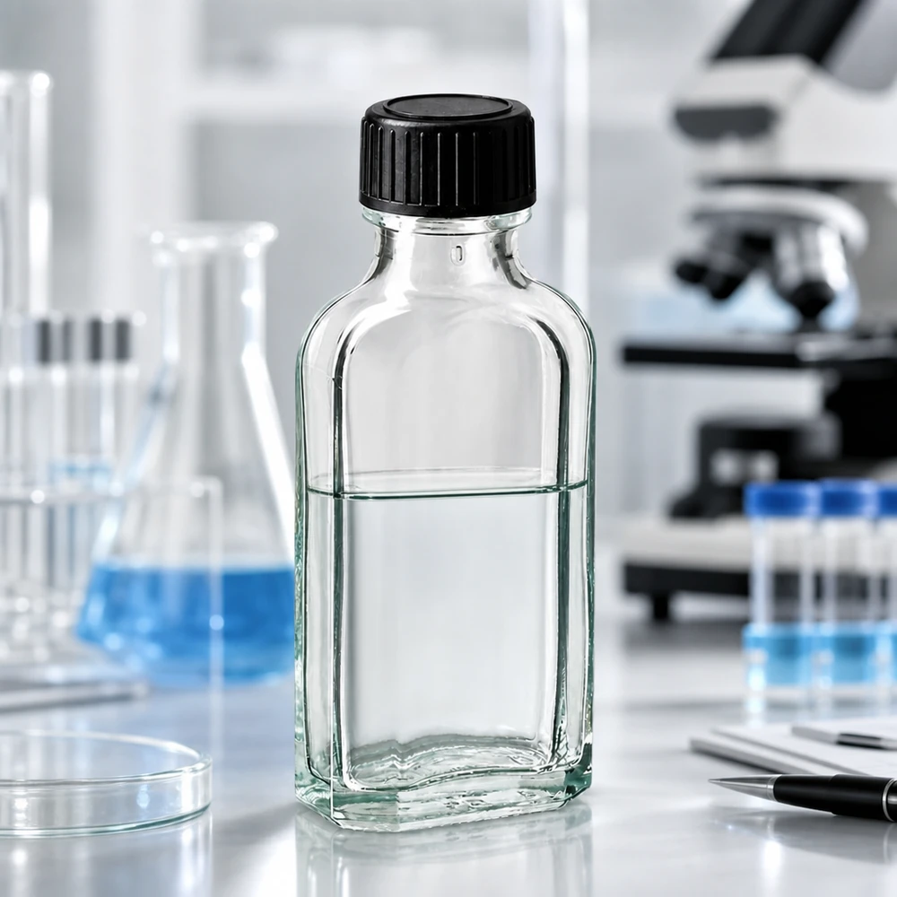 Butelka Meplat o pojemności 50 ml, przezroczysta, z podkładką uszczelniającą LKD, przeznaczona do profesjonalnego zastosowania laboratoryjnego z mikroskopem