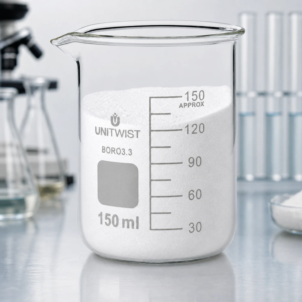 Szklanka UNiTwist o pojemności 150 ml, wykonana ze szkła borokrzemowego 3.3, o niskim kształcie, wypełniona białym proszkiem w laboratorium