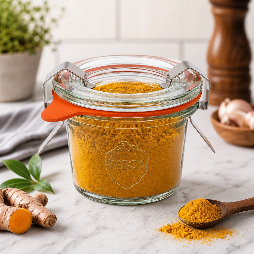 Kubki 35 ml w komplecie WECK RR40 Kubki WECK 35ml RR40 wypełnione kurkumą obok świeżego imbiru pokazują przechowywanie przypraw i ziół.
