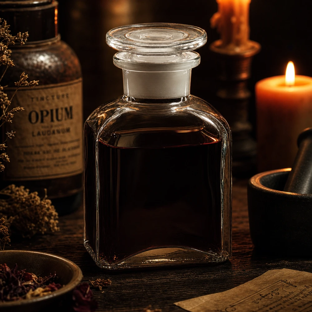 Kwadratowa butelka 150 ml z przezroczystym szklanym korkiem z szeroką szyjką Historyczna butelka aptekarska o pojemności 150 ml, przezroczysta, kwadratowa, z szklanym korkiem, przeznaczona do nalewek i środków leczniczych