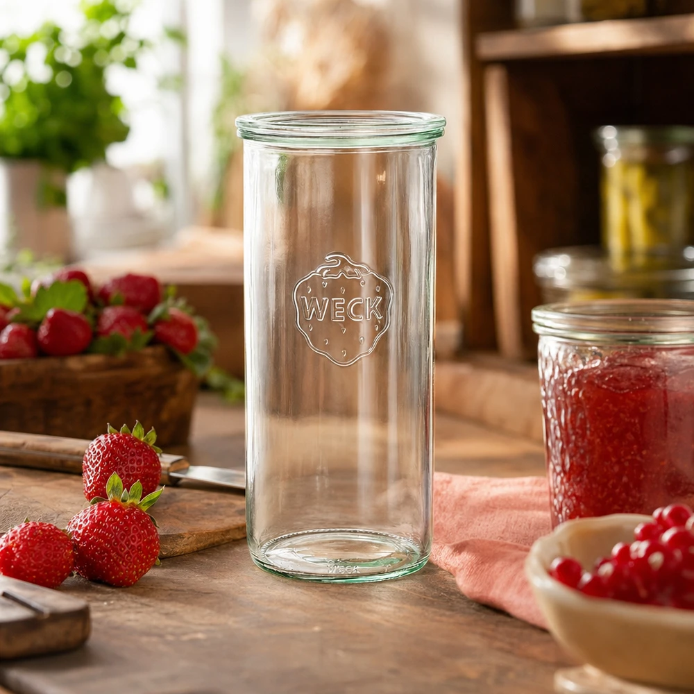 Kubki WECK 1500 ml RR100 w rustykalnej kuchni ze świeżymi truskawkami i dżemem jako dekoracja