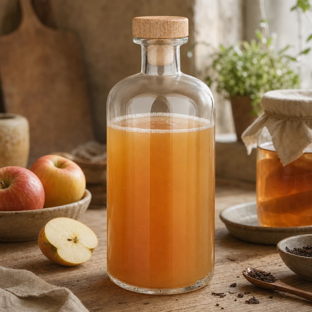 Szklana butelka Flora 500ml wypełniona octem jabłkowym pomiędzy świeżymi jabłkami i przyprawami na drewnianym stole w rustykalnej kuchni
