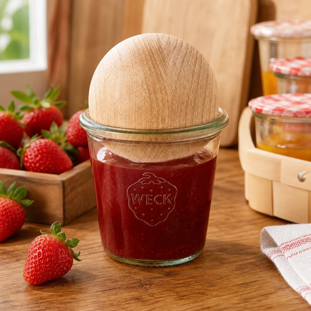 Słoik do przetworów WECK 290ml RR80 wypełniony dżemem truskawkowym z drewnianą zatyczką wykonaną z drewna bukowego w kuchni