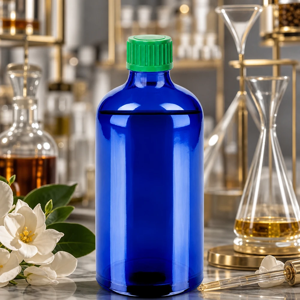 Wysokiej jakości niebieska szklana butelka 100 ml z zieloną plastikową nakrętką do bezpiecznego przechowywania