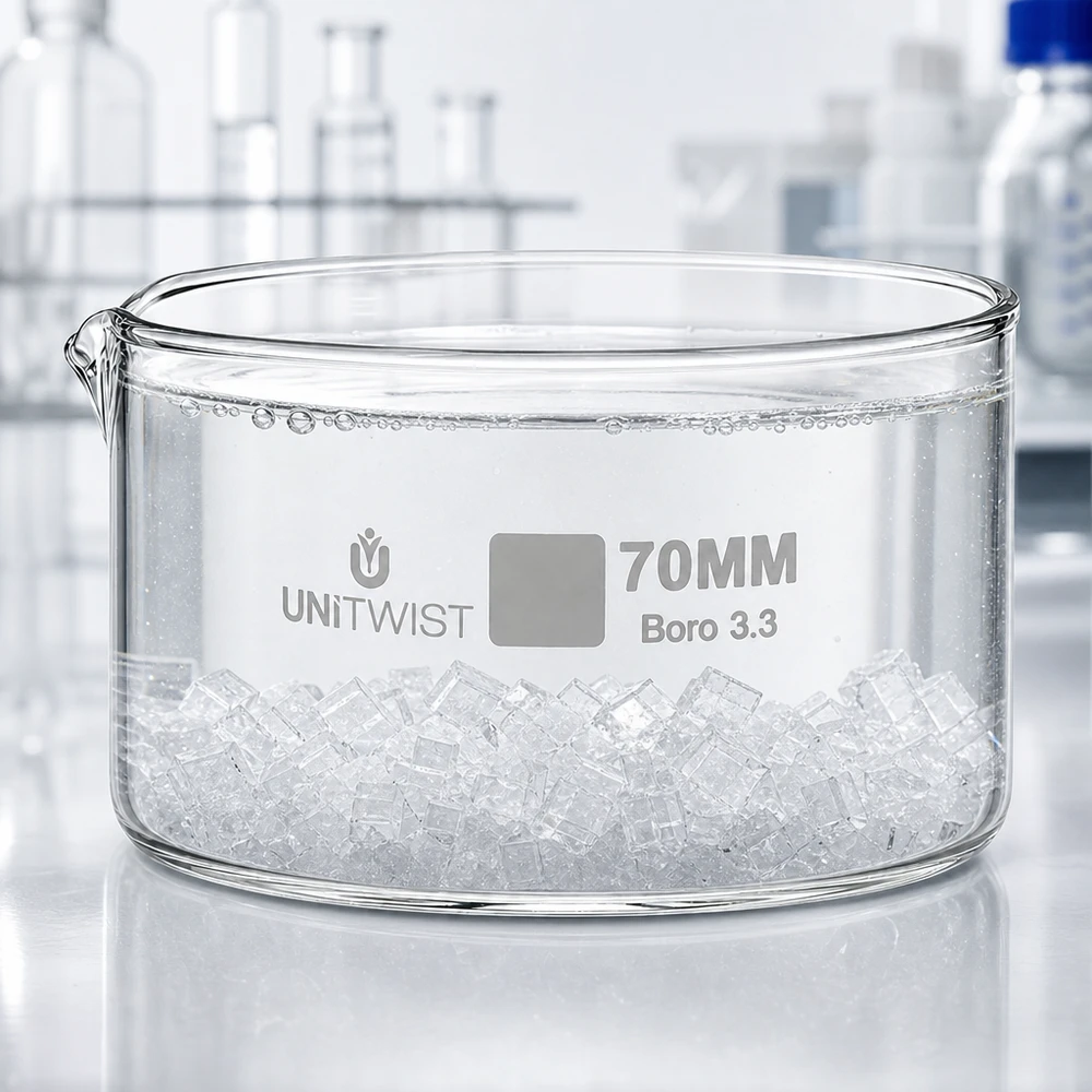 Miska do krystalizacji UNiTWIST 70 mm z borokrzemianu 3.3 wypełniona kostkami lodu w warunkach laboratoryjnych