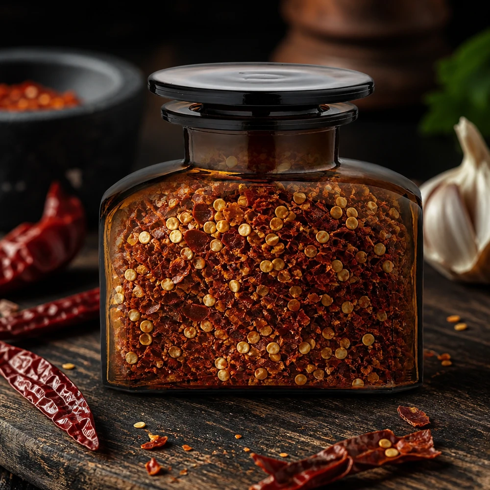Brązowa szklana butelka apteczna o pojemności 150 ml z płatkami chili i ziarnami gorczycy na ciemnym drewnie