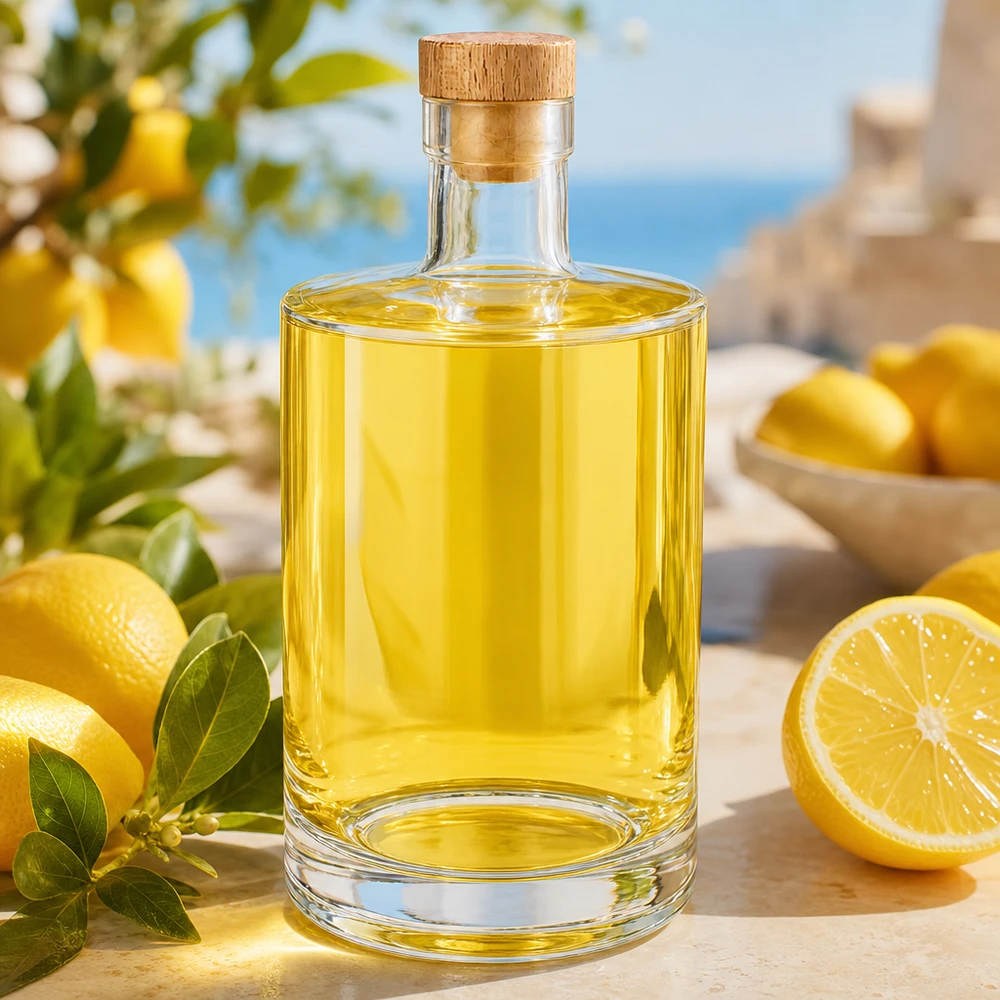 700 ml szklana butelka Marie z żółtą zawartością i cytrynami ułożonymi dekoracyjnie na drewnianym stole na zewnątrz