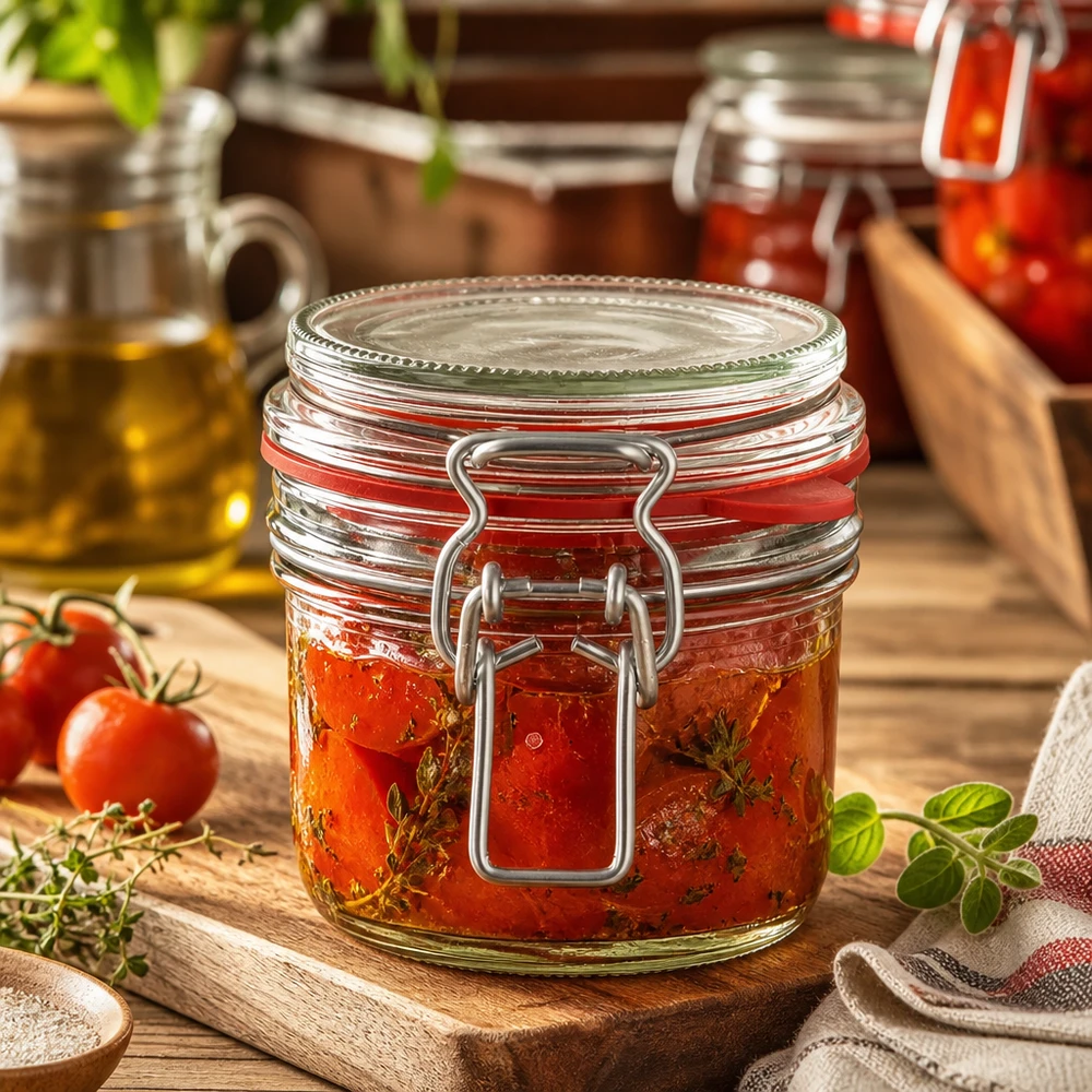 Słoik do przechowywania o pojemności 255 ml, typ G, z zamknięciem na zatrzask UN.. Einmachglas 255ml gefüllt mit eingelegten Tomaten und Kräutern, rustikale Küchendeko auf Holzbrett mit frischen Zutaten