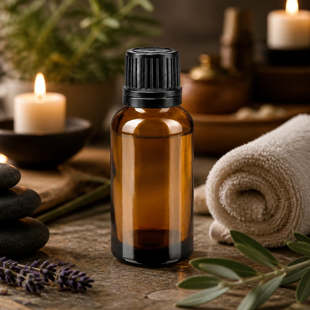 Szklana buteleczka o pojemności 20 ml w kolorze bursztynowym z czarnym, rowkowanym zamknięciem, przeznaczona do aromaterapii i tworzenia atmosfery spa